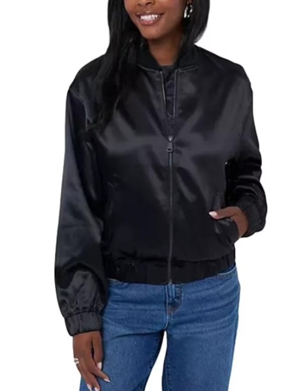 Edited by Remi Bader Black Satin-Look Bomber Jacket Size L